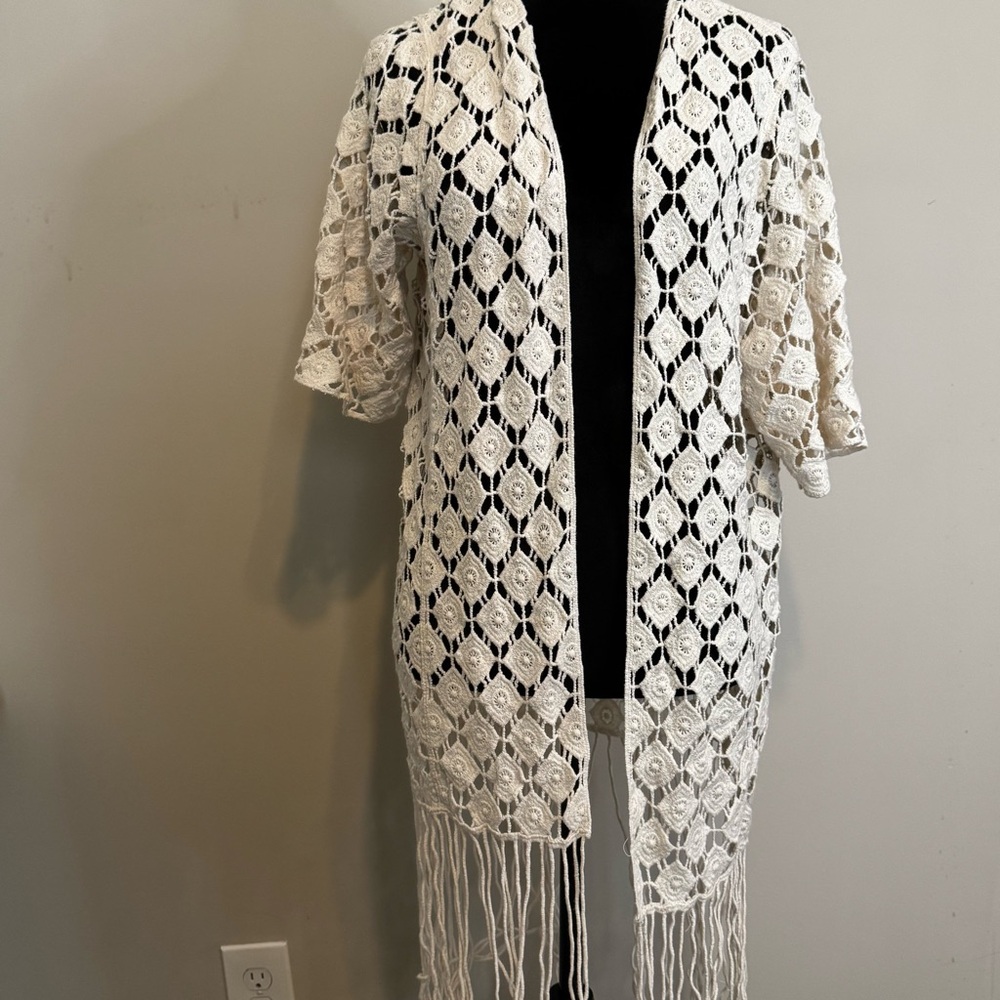 House of Harlow 1960 Bohemian Crochet Tassel Cardigan One size Beige Festival